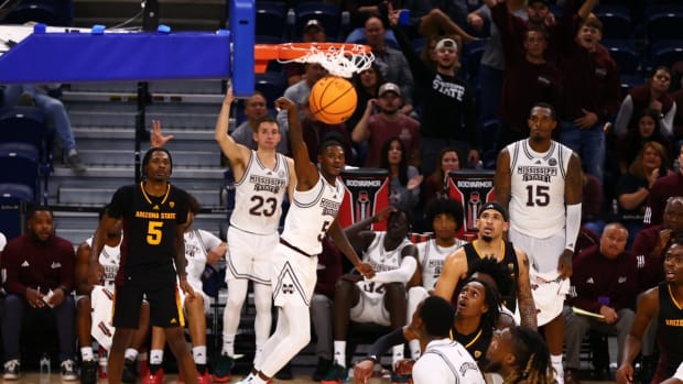 Shawn Jones Jr. hits from the corner in Mississippi State's 2023-24 season opener against Arizona State in Chicago. 